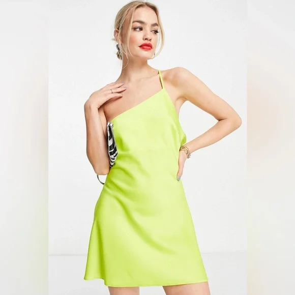 open lace back dress One Shoulder Lime Green Short Sleeve Tea Length Mother of The Bride Dress main image 0